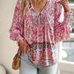 Bohemian Vacation Style Printed V-neck Lace-up Long Sleeve Top