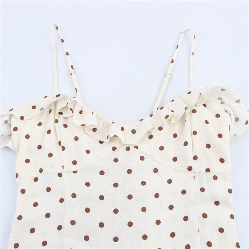 New Summer Retro Waist-controlled Polka Dot Midi Skirt Sling Dress