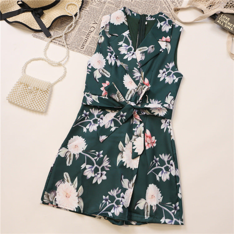 Combinaison-culotte irrégulière à imprimé col en V et sans manches pour femme
