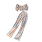Off Shoulder Puff Sleeve Cropped Top And Printed High Waist Wide Leg Pants Two Piece Set