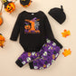 Barboteuse noire à manches longues et col rond pour garçon, avec lettres imprimées, pantalon violet imprimé, costume pour bébé