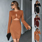 New Hollow Short Skirt Waffle Bell Sleeve Sheath Long Sleeve Dress