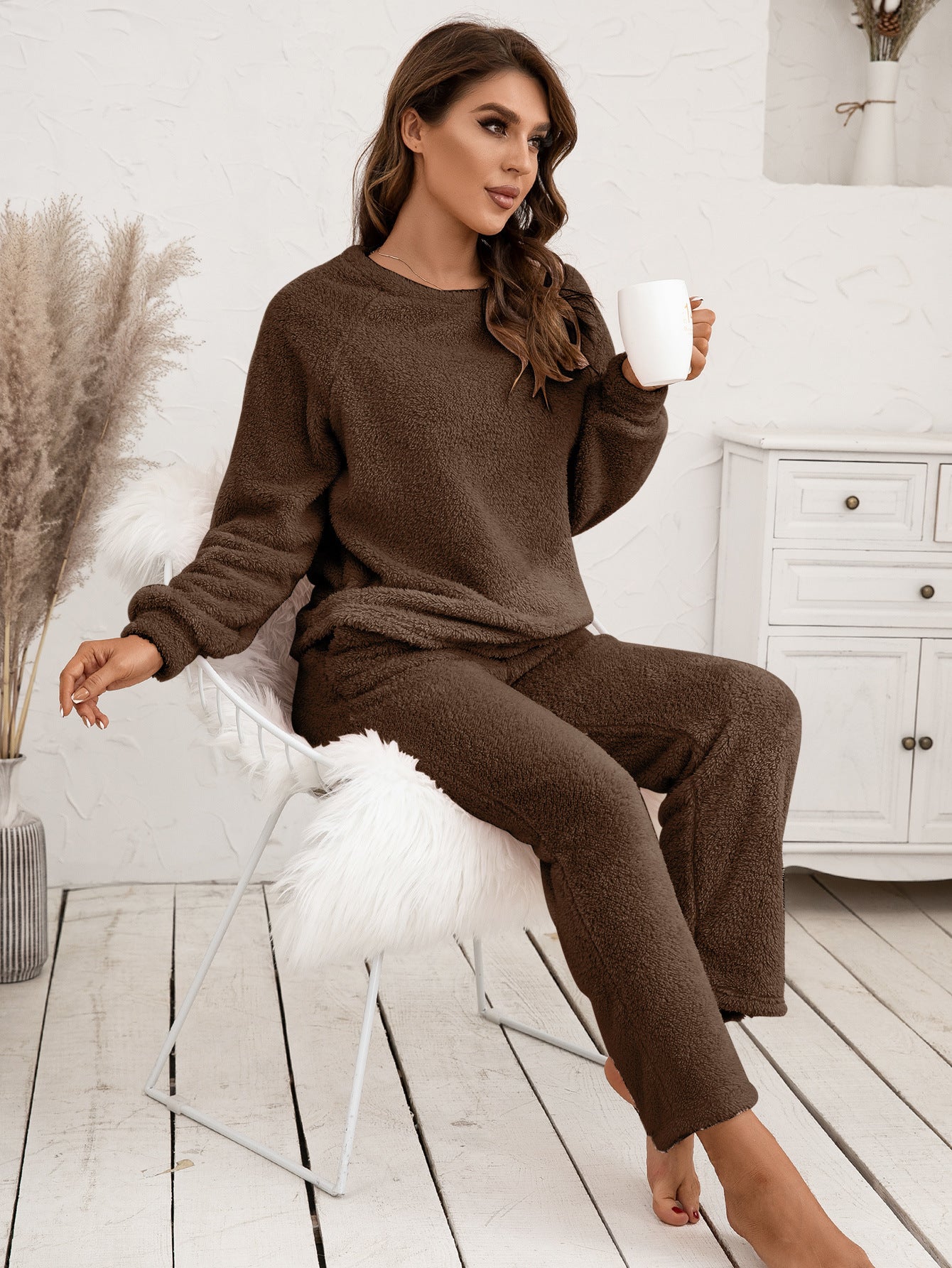 Costume deux pièces ample et décontracté en peluche double face