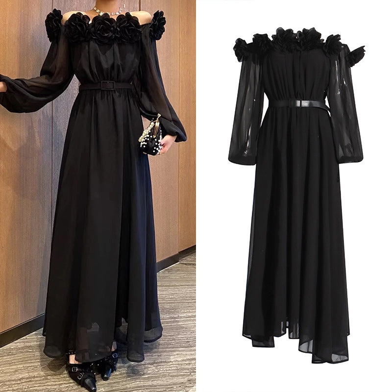 Robe patchwork florale tridimensionnelle amincissante à la taille pour femme