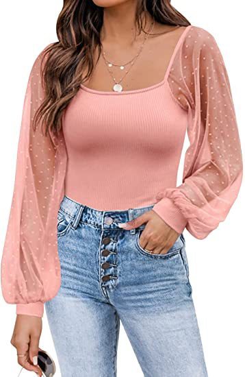 Women's Lantern Sleeve Stitching Slim Top