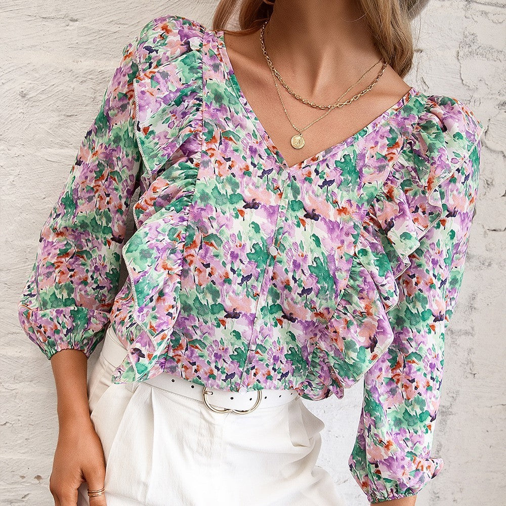 Temperament Commuting Small Floral Long-sleeved V-neck Shirt