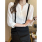 V-neck White Shirt Women's Three-quarter Sleeve Chiffon Top