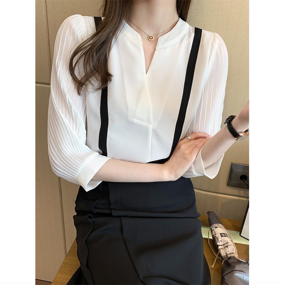 V-neck White Shirt Women's Three-quarter Sleeve Chiffon Top
