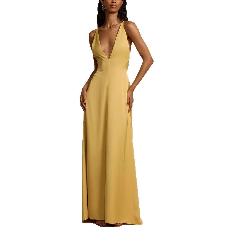 Women's Backless V-neck Satin Long Dress