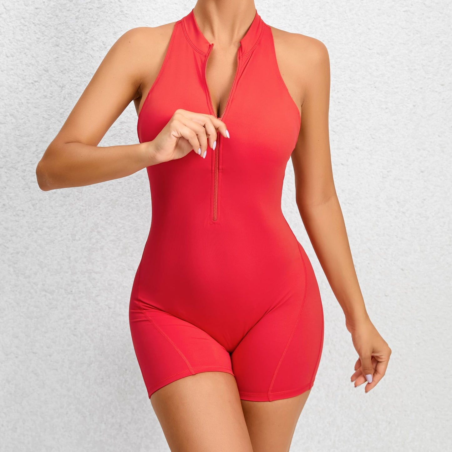 Combinaison short de yoga zippée sans manches pour femme, effet gainant, extensible, effet gainant, pour le sport et le levage des fesses