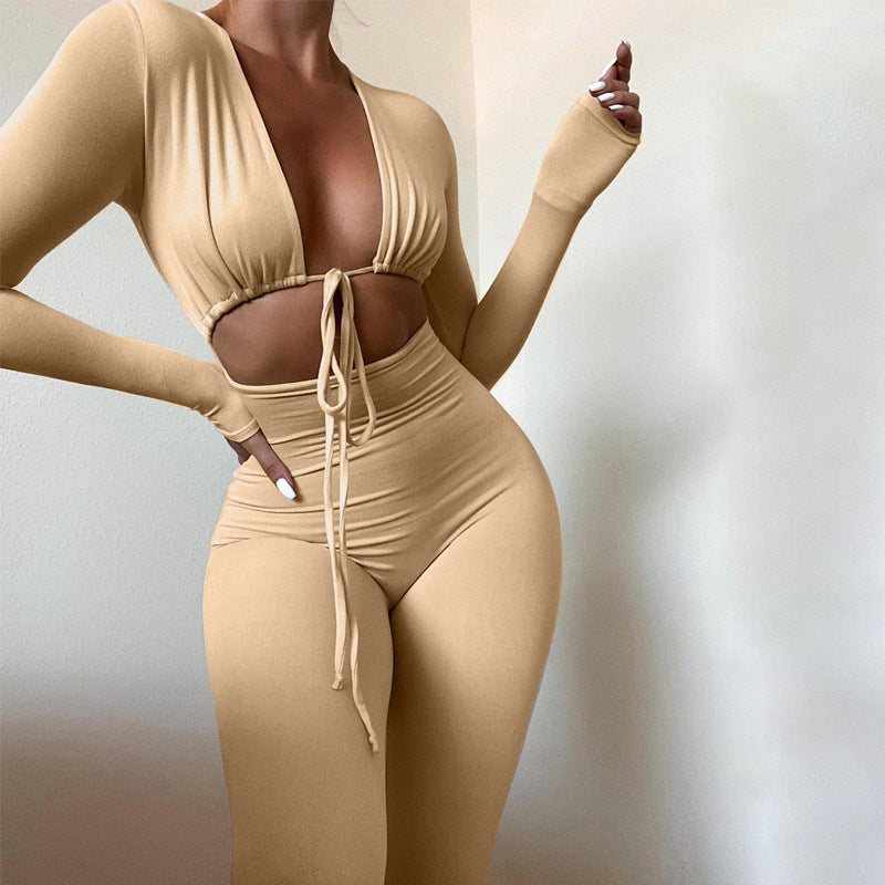 Solid Color Lace-up Hollow Long-sleeved Skinny Jumpsuit