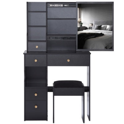 29.2 Small Space Left Drawer Desktop Vanity Table  Cushioned Stool, Extra Large Right Sliding Mirror, Multi Layer High Capacity Storage, Practical Fashionable Dresser, Suitable For Small Space