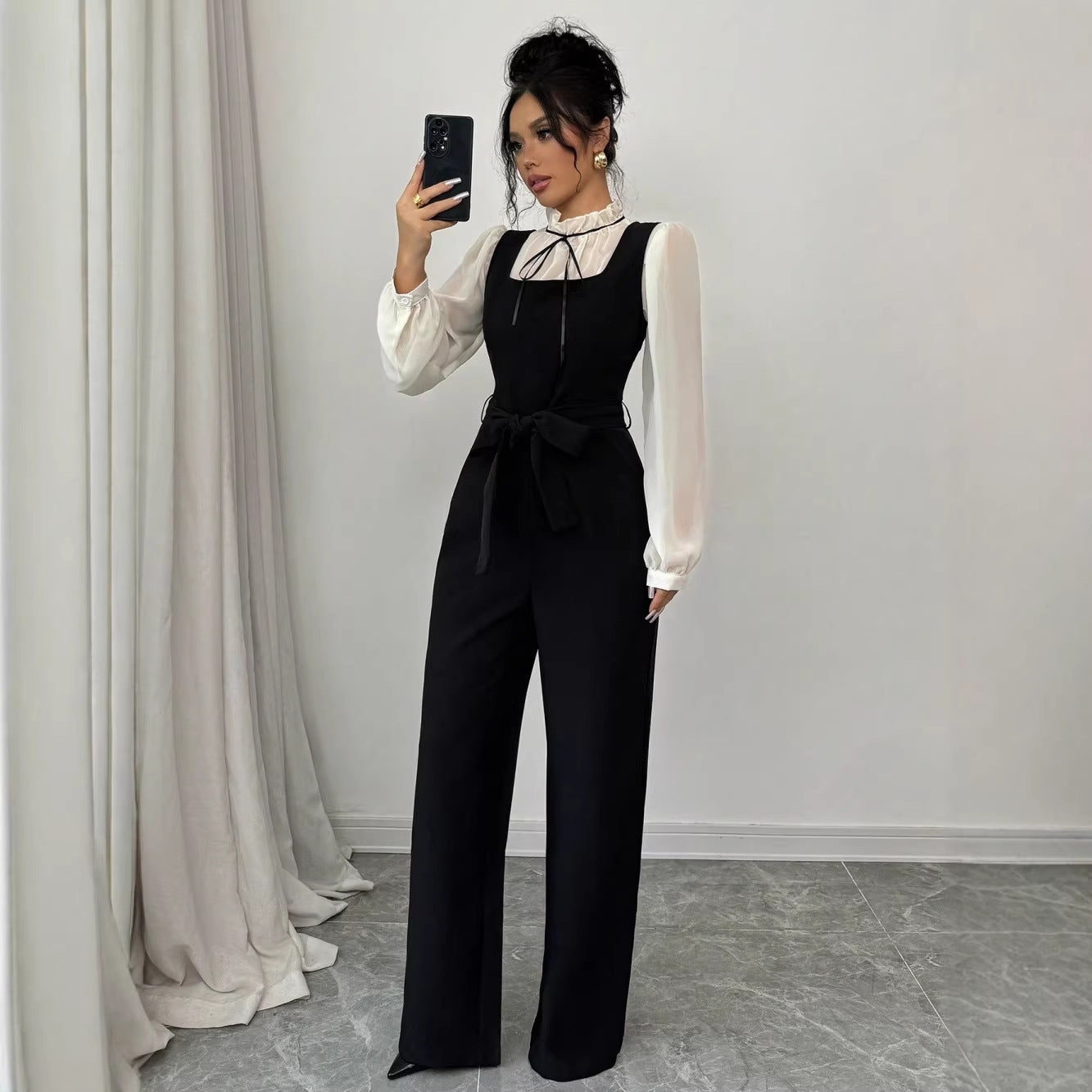 Womens Elegant Color Block Shirt Jumpsuit Set