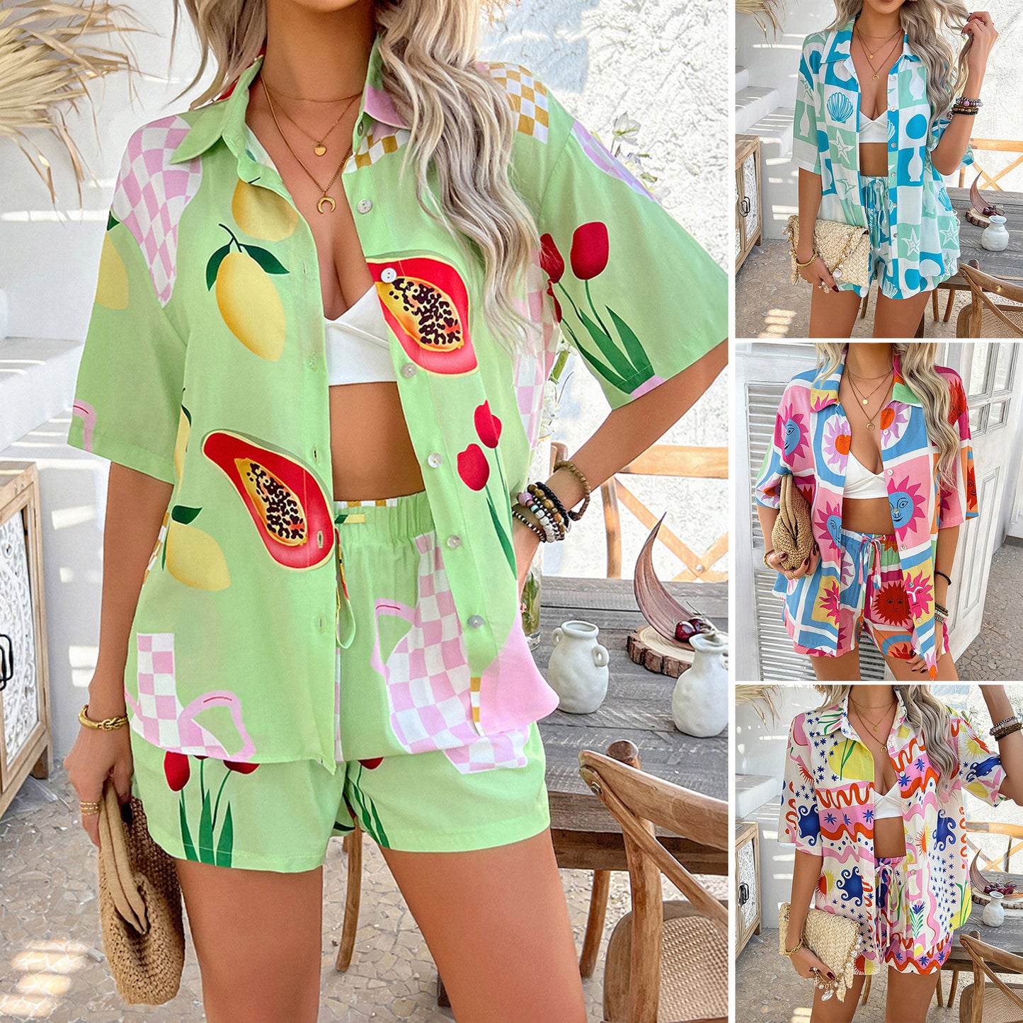 Casual Vacation Style Printing Color Contrast Short Sleeve Shorts Suit