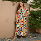 French-style Elegant Plus-size White Ink-wash Floral V-neck Short-sleeve Waist-cinched Maxi Dress