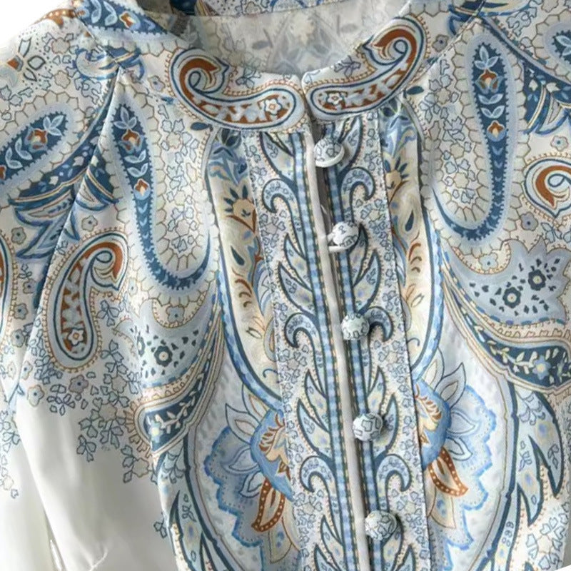 Style Lapel Lantern Sleeve Printed Dress Women