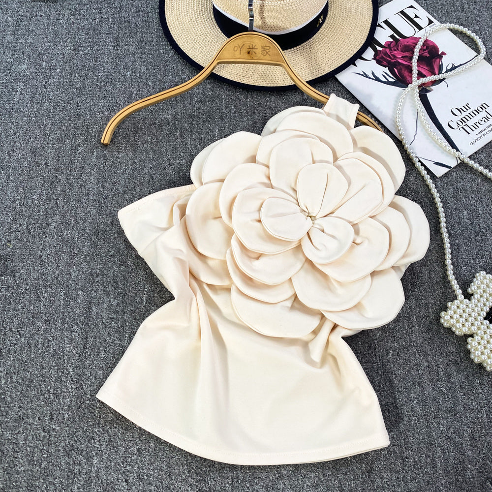Pure Desire Three-dimensional Large Flower Diagonal Collar One-shoulder Top