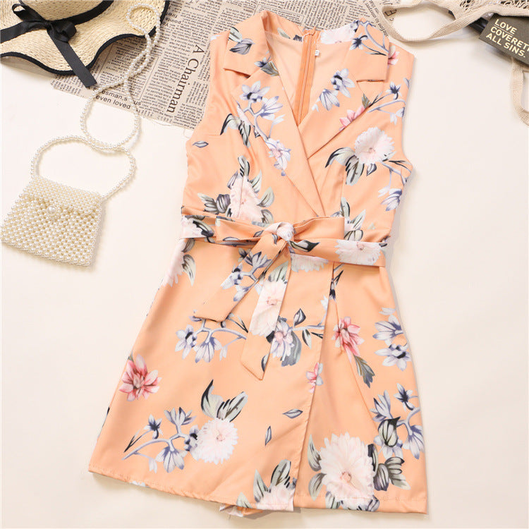Combinaison-culotte irrégulière à imprimé col en V et sans manches pour femme