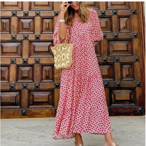 Robe d'été bohème vintage imprimée pour femme, élégante, décontractée, ample, col en V, manches courtes, longue
