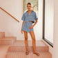 Women's V-neck Short Sleeve Loose And Irregular Denim Short Pantskirt Suit
