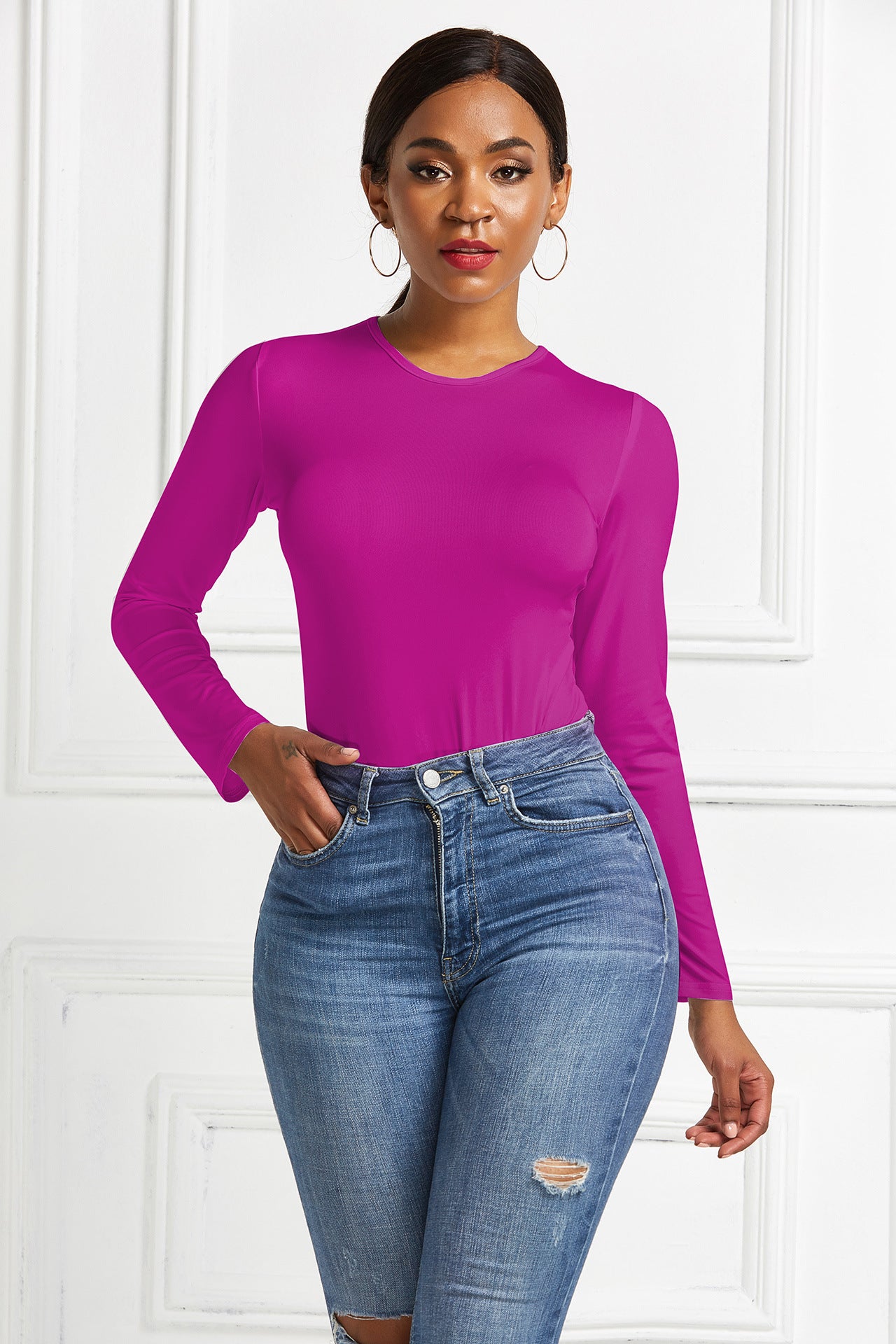 Bodysuit Women's Solid Color Long-sleeved Round Neck Bottoming Shirt Top