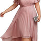 Banquet Evening Dress A- Line V-neck Chiffon Short Sleeve Knee-length Plus Size