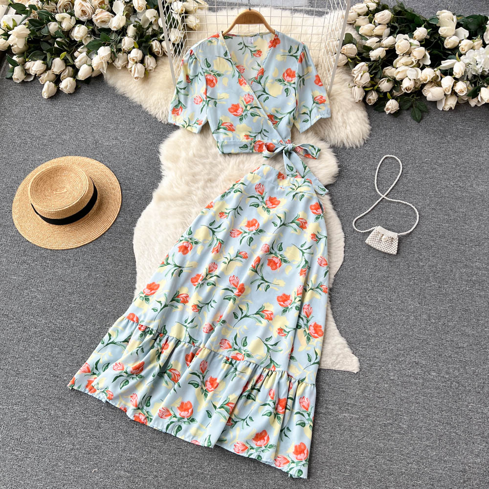 Floral Womens Cross V Neck Strap Crop Top And High Waisted Flared Skirt Two Piece Set