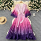 Waist Trimming Lace Up Loose V-neck Flared Sleeves Gradient Color Dress