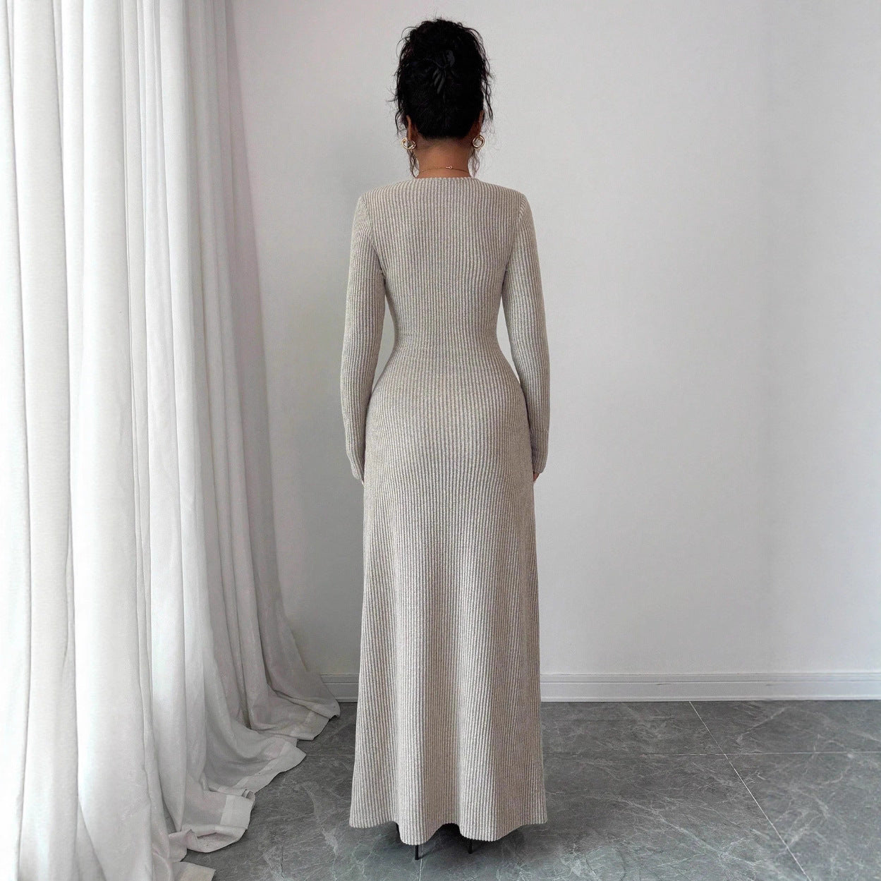 Solid-color Sexy V-neck Long-sleeve High-slit Dress