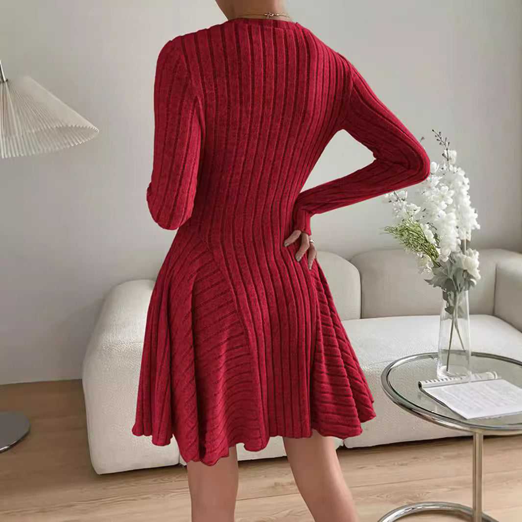 Robe à manches longues et jupe courte en tricot français pour femme