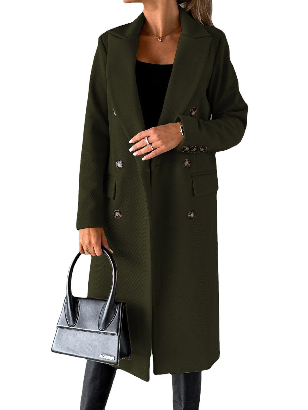 Manteau à manches longues et revers pour femme, veste longue et slim, couleur unie, à double boutonnage, tendance hiver