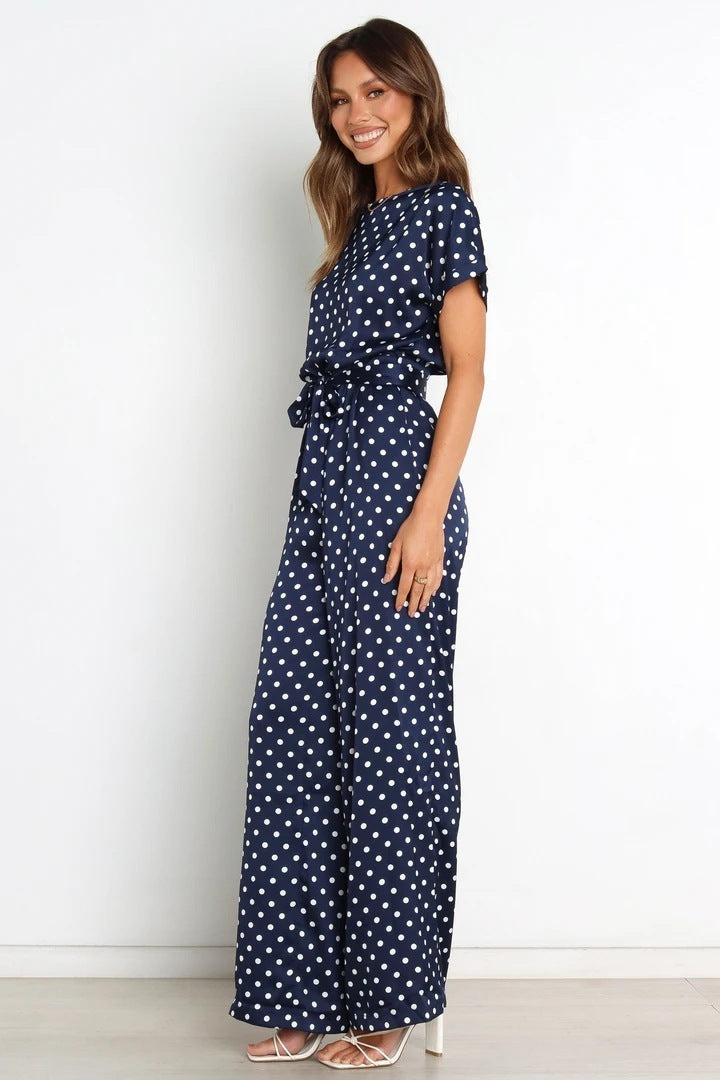 Combinaison moulante à lacets et col rond pour femme, manches courtes, imprimé pois