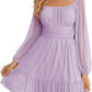 European And American Womens Mesh Long-Sleeve Square-Neck Dress