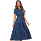 Denim Lapel Short Sleeve Waist-controlled Cardigan Long Dress