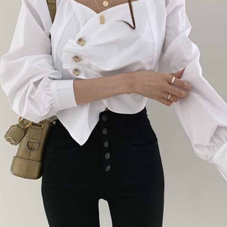 Retro Square Neck Scheming Clavicle Blouse Women