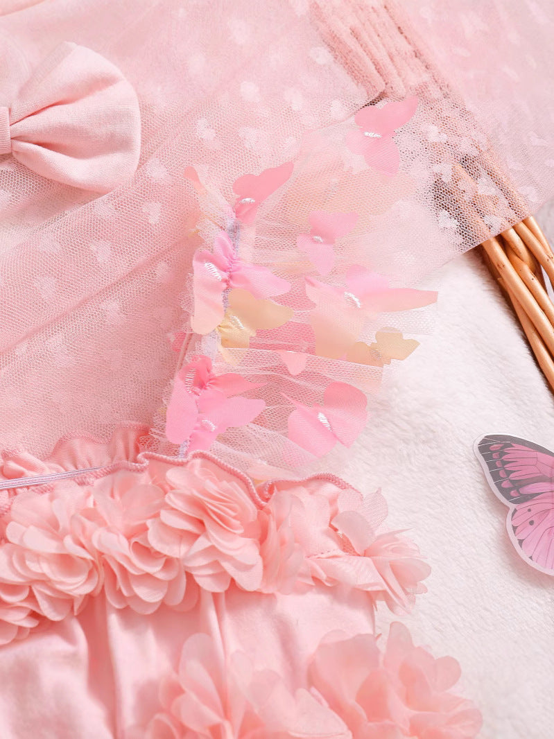 Girls' Party Dress-up Sling Butterfly Petal Mesh Dress