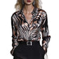 Fashionable Abstract Animal Print Satin Commuter Slim-fit Long-sleeve Shirt