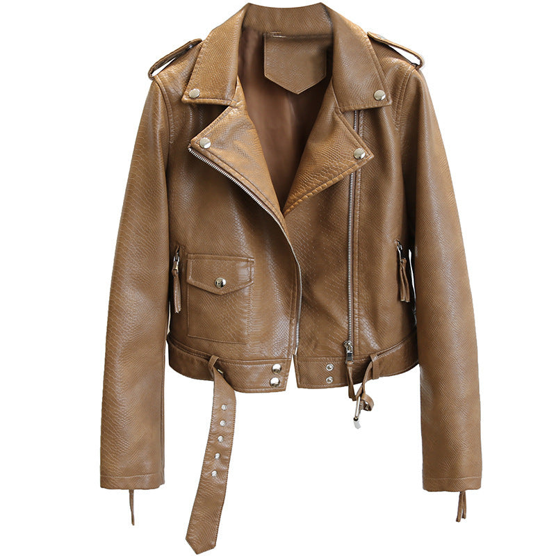 Slim Slimming Snake Print Biker Jacket Brown Jacket
