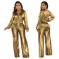 V-neck Lantern Sleeve Bronzing Jumpsuit