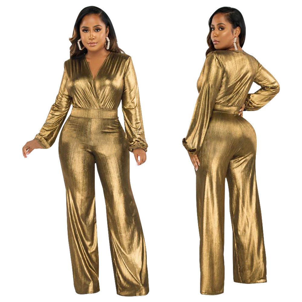 V-neck Lantern Sleeve Bronzing Jumpsuit