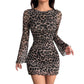 Womens Leopard Print Crew Neck Long Sleeve Dress