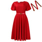 Elegant High-waisted Solid-color Round-neck Dress With Fashionable Balloon Sleeves