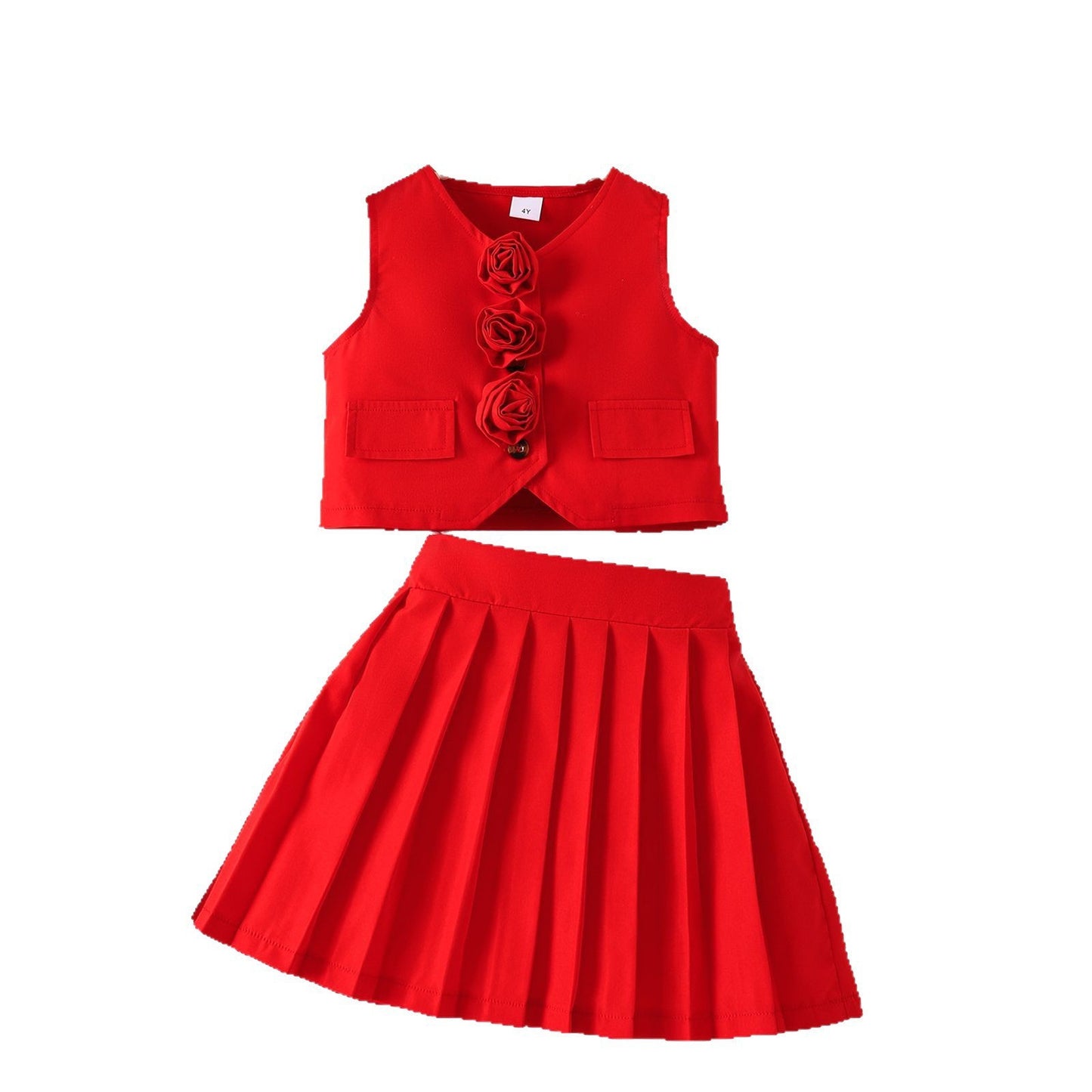 Suit Vest Paired With A Solid Color Pleated Skirt Set