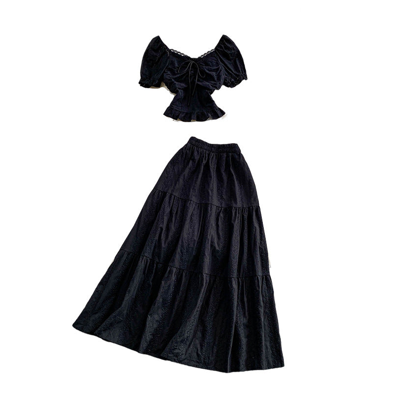 Hollowed-out Embroidered V-Neck Shirt With Ruffled Long Skirt