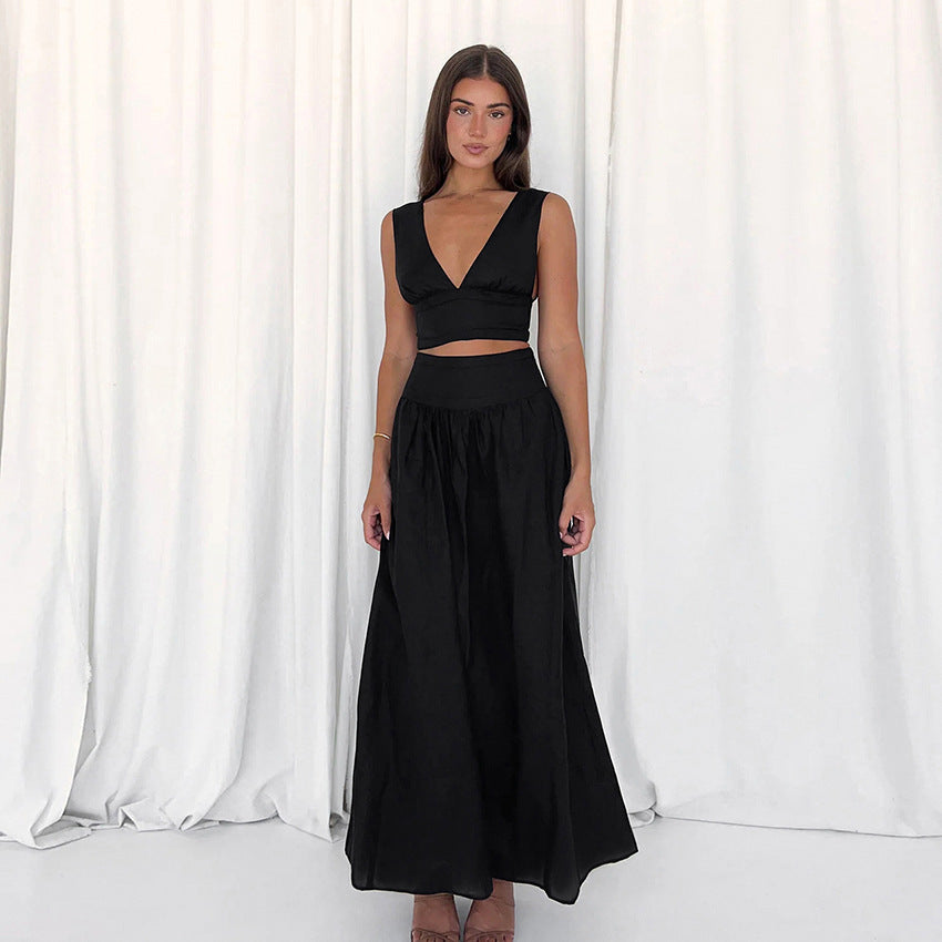 Ensemble deux pièces pour femme, robe trapèze taille haute avec gilet