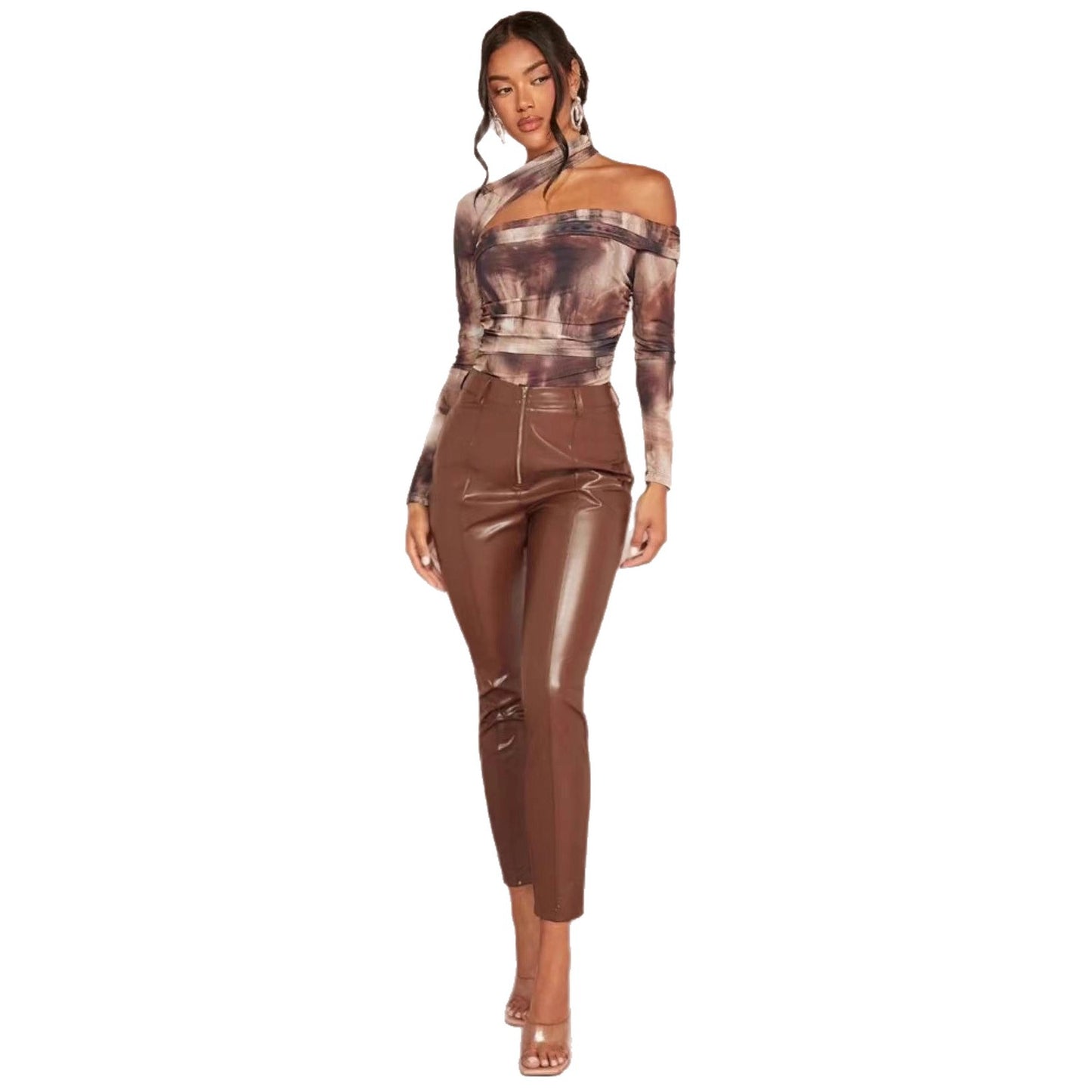 Long-sleeve Printed Sexy Off-shoulder Asymmetrical Halter Bodysuit