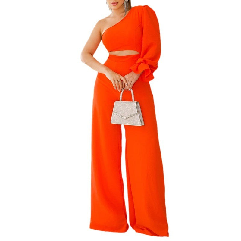 Combinaison ample décontractée à jambes larges et col diagonal pour femme, style décontracté, manches pétales