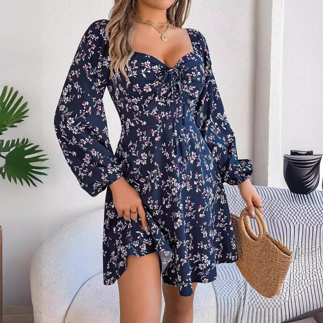 Robe à imprimé floral à manches lanternes, décontractée et sexy, col carré, manches longues, coupe trapèze, vêtements pour femmes