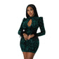 Robe de soirée sexy à manches longues et paillettes, dos nu et plumes