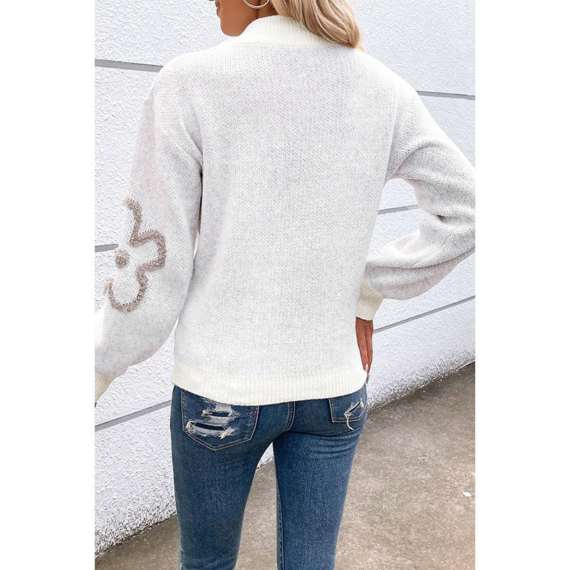 Women's Half-cardigan Zipper Pullover Flower Jacquard Sweater Top